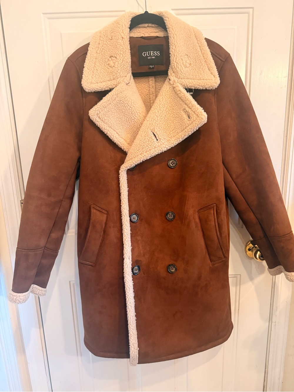 GUESS Men's Brown Coat with Cream Shearling Trim